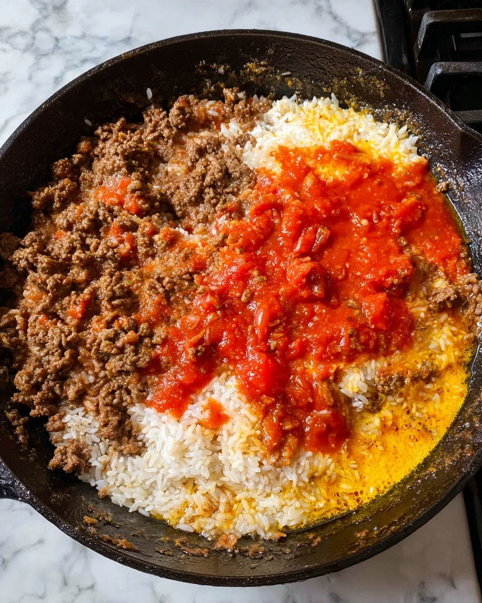 A black cast iron pan holds a raw, pink sausage roll placed slightly off center, surrounded by small chunks of white onion spread widely over the pan's shiny black surface. On top of the sausage, there is a mix of fine powders in light yellow, orange, and white colors, likely spices. Wisps of steam rise around the edges, suggesting heat. The pan is on a stove, with a blurred dark background. photo taken with an iphone --ar 4:5 --v 7