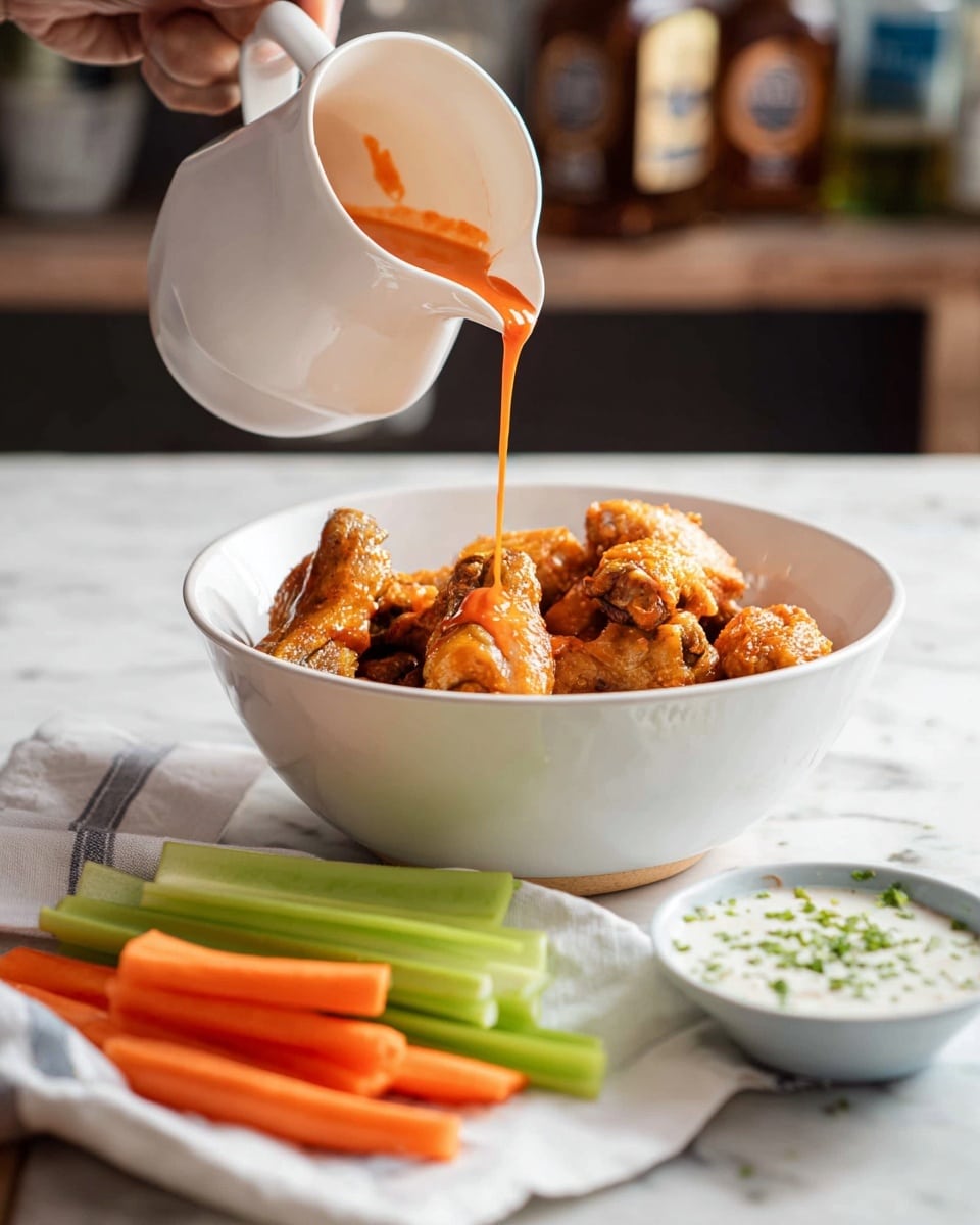 A white bowl filled with golden fried chicken wings is at the center, with a woman's hand pouring bright orange hot sauce from a white pitcher onto the wings, coating the top layer. In the foreground, there are fresh green celery sticks and orange carrot sticks resting on a white cloth, next to a small white bowl of creamy ranch dip sprinkled with herbs. The scene is set on a white marbled surface with blurred bottles in the background. Photo taken with an iphone --ar 4:5 --v 7