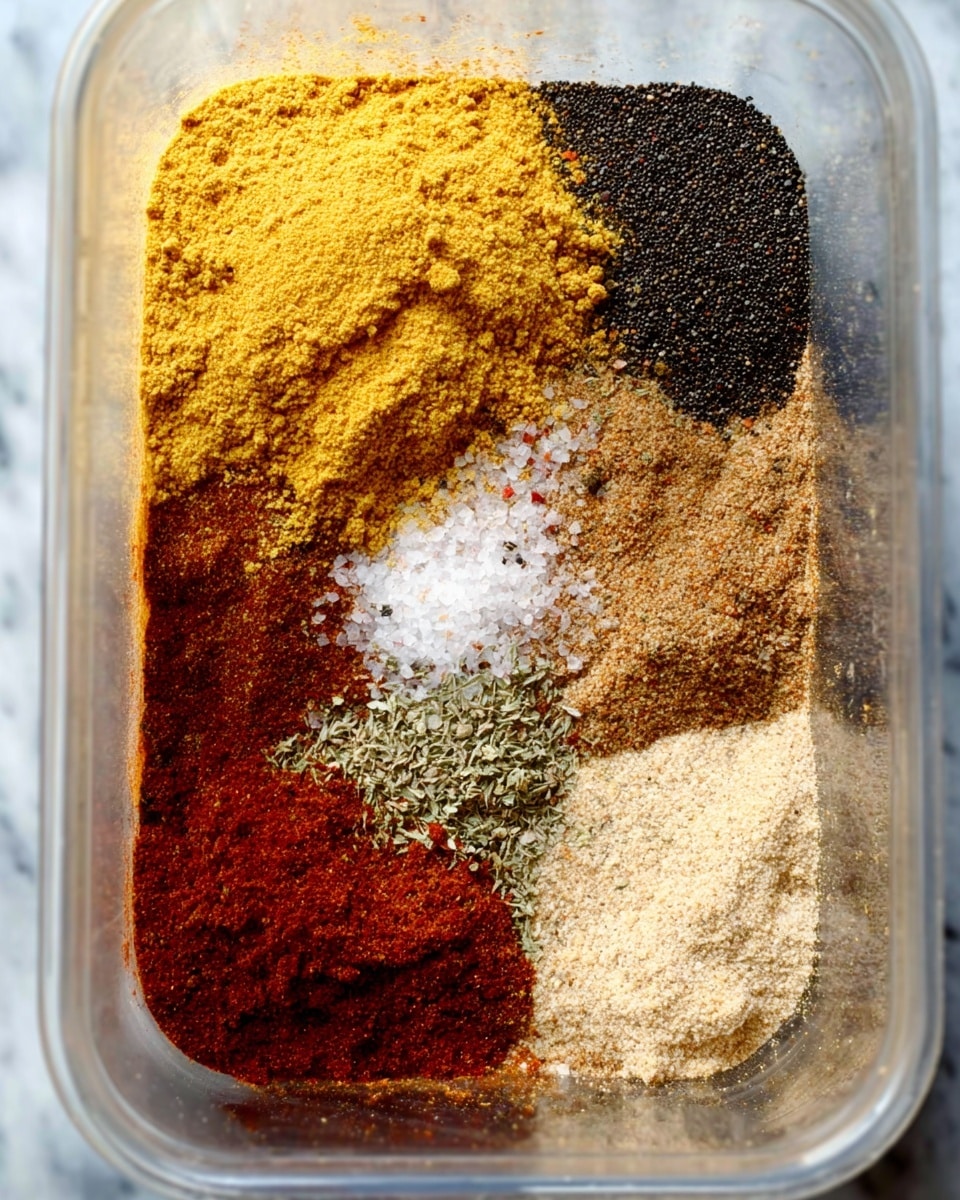 The image shows a close-up view of a clear container filled with seven different spices arranged in distinct sections. Starting from the top left, there is a bright yellow powder with a fine texture. To its right, a dark coarse black pepper layer contrasts sharply. Below that, a medium brown powder fills the bottom right section, while a slightly lighter beige powder with a grainy feel covers the middle right side. At the bottom left, a deep reddish-brown powder shows a soft, powdery texture. Near the center, there is a small amount of white granular salt surrounded by a reddish powder, and a sprinkling of green herbs is visible around the salt. The container edges and background have a white marbled texture. Photo taken with an iphone --ar 4:5 --v 7