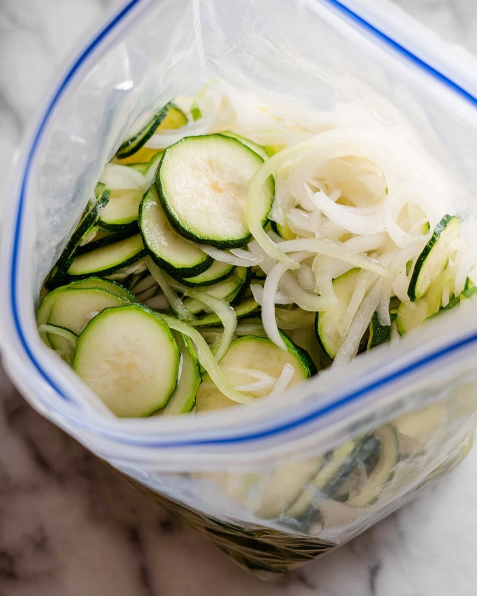 The image shows a clear plastic zip-lock bag filled with thinly sliced layers of green zucchini and white onion rings. The slices are mixed inside the bag, creating a blend of light green, dark green edges of the zucchini, and bright white onion strands, all soaked in a light liquid inside the bag. The bag is open at the top, and it sits on a surface with a white marbled texture. In the background, there is a hint of a woman's hand holding or moving the bag. Photo taken with an iphone --ar 4:5 --v 7