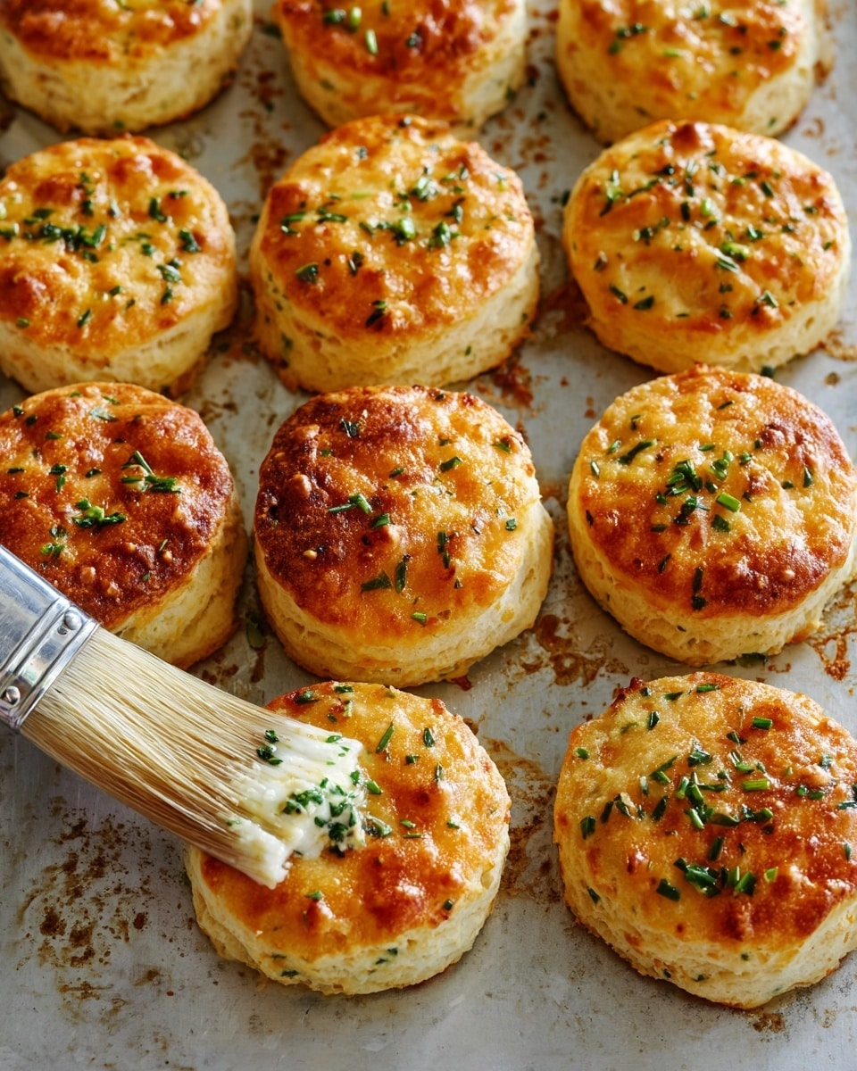 The image shows twelve golden brown biscuits on a baking tray with a slightly rough texture. Each biscuit is round with two visible layers, the top layer having a crispy, browned surface, sprinkled with small green herb pieces that add a fresh pop of color. The biscuits have a light, flaky texture visible on the sides. One biscuit in the foreground is being brushed with a shiny glaze, and the brush has a wooden handle and white bristles with bits of green herbs on it. The surface underneath the tray is a white marbled texture. photo taken with an iphone --ar 4:5 --v 7