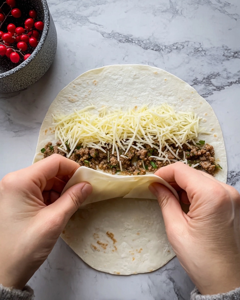 Two woman's hands are folding a white, thin flatbread or wrap with two visible layers. Inside the flatbread, there is a bottom layer of cooked minced meat mixed with small green herbs, and above it, a layer of shredded white cheese. The flatbread is on a surface with a white marbled texture. In the background, there is part of a gray pot with red berries. Photo taken with an iphone --ar 4:5 --v 7