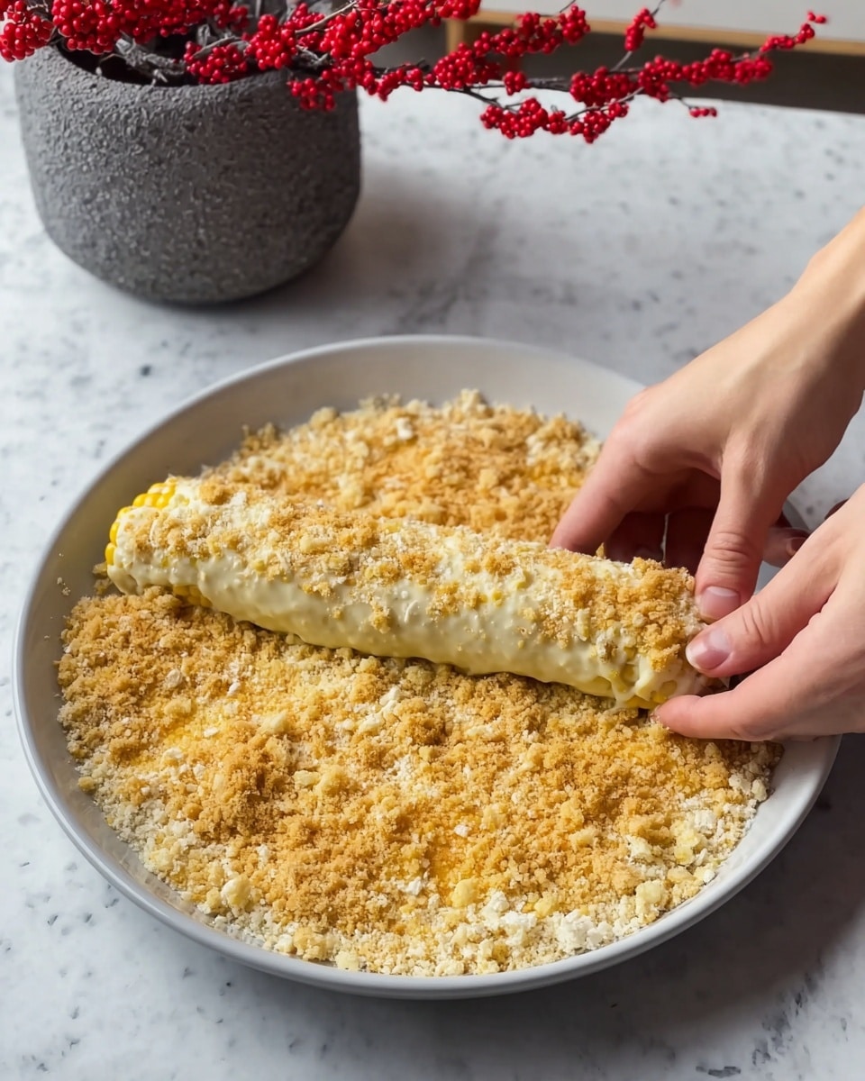 A close-up view shows a pair of hands rolling a white corn cob coated with buttery, creamy sauce in a thick layer of light beige and golden crumb mixture on a round white plate, which is filled to the edges with the crumbs. The crumb texture is uneven, with some small chunkier bits mixed in. The plate sits on a white marbled surface, and in the background, there is a rough-textured grey pot holding a bright red berry branch. Photo taken with an iphone --ar 4:5 --v 7