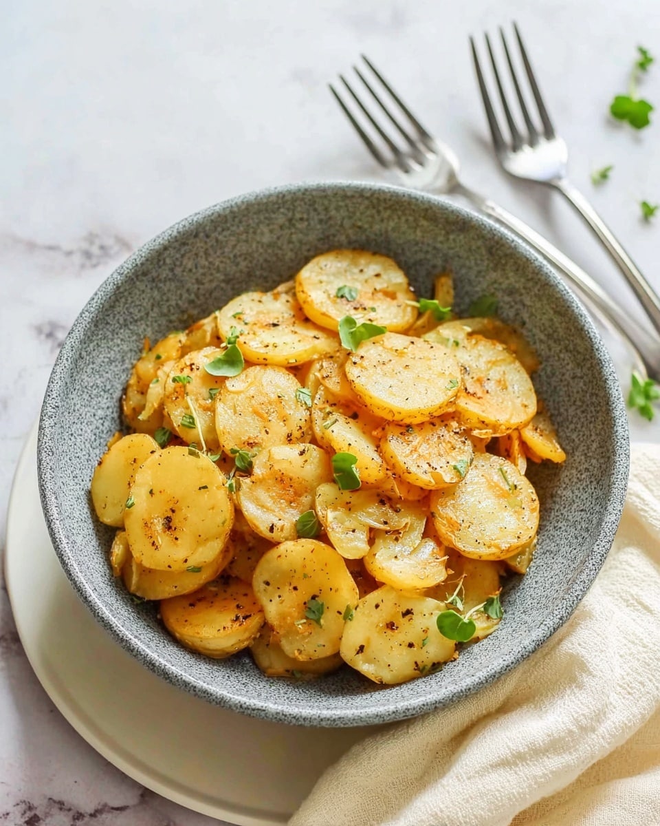 The image shows a grey speckled bowl filled with cooked, sliced potato rounds that are golden brown with hints of light yellow. The potato slices are sprinkled with black pepper and garnished with small fresh green herb leaves. The bowl sits on a white plate with two silver forks resting on a white marbled surface in the background. A soft, cream-colored cloth is casually placed beside the bowl. The overall look is warm and simple. photo taken with an iphone --ar 4:5 --v 7