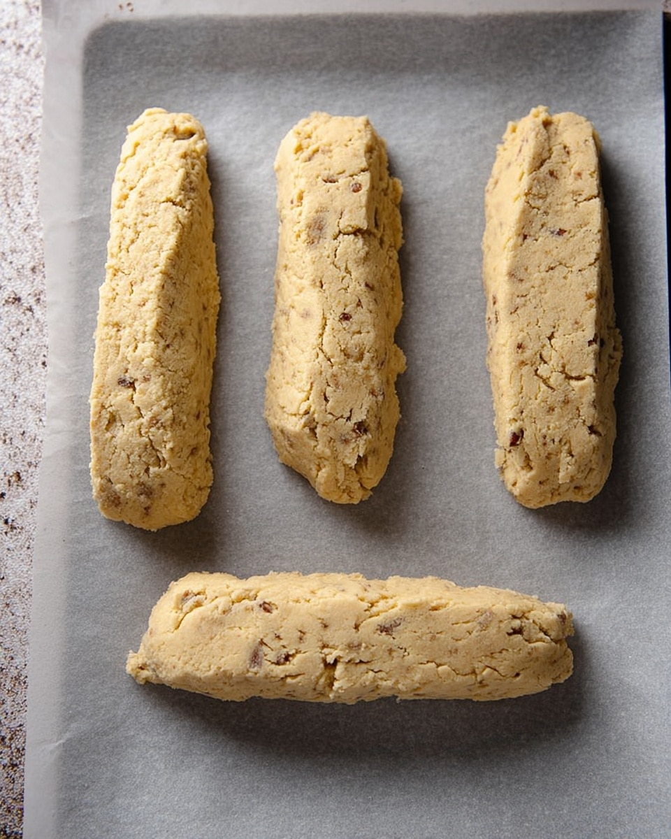 Four uncooked cookie dough logs lie spaced out on a flat sheet of light gray parchment paper which covers a baking tray. Each log is an uneven oblong shape colored pale yellow with small brown bits mixed throughout the dough, giving it a rough texture. The dough looks soft and slightly crumbly, with small cracks and folds visible on the surface of each piece. The background shows a subtle white marbled texture. photo taken with an iphone --ar 4:5 --v 7