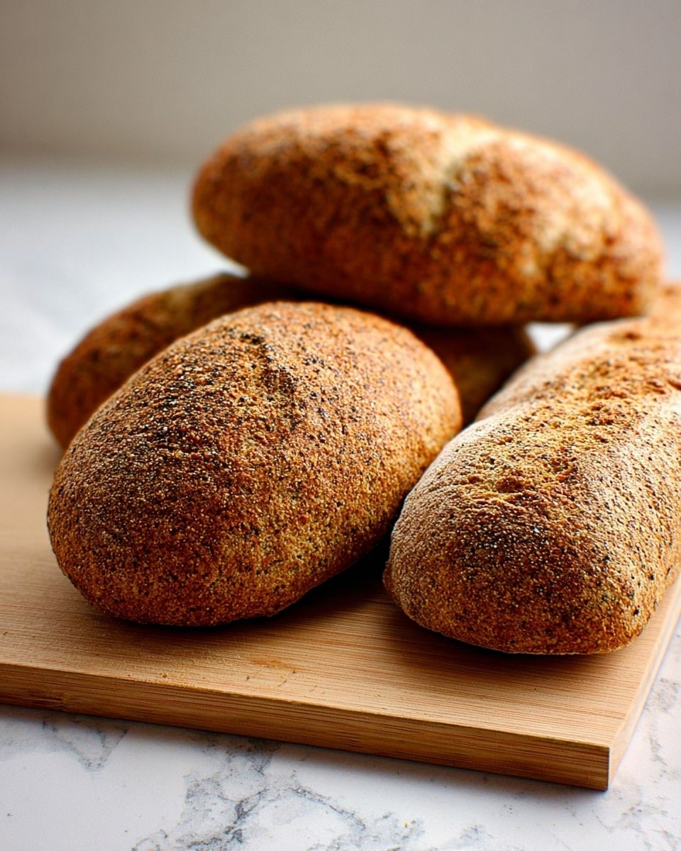 The image shows four pieces of bread on a light wooden board. The bread has a rough, brown crust with a speckled texture that looks crunchy. Three pieces are round and close to each other, while one is a long loaf positioned at the front right side. The background is a white marbled surface with a soft light coming from the left side, making the bread look fresh and warm. photo taken with an iphone --ar 4:5 --v 7