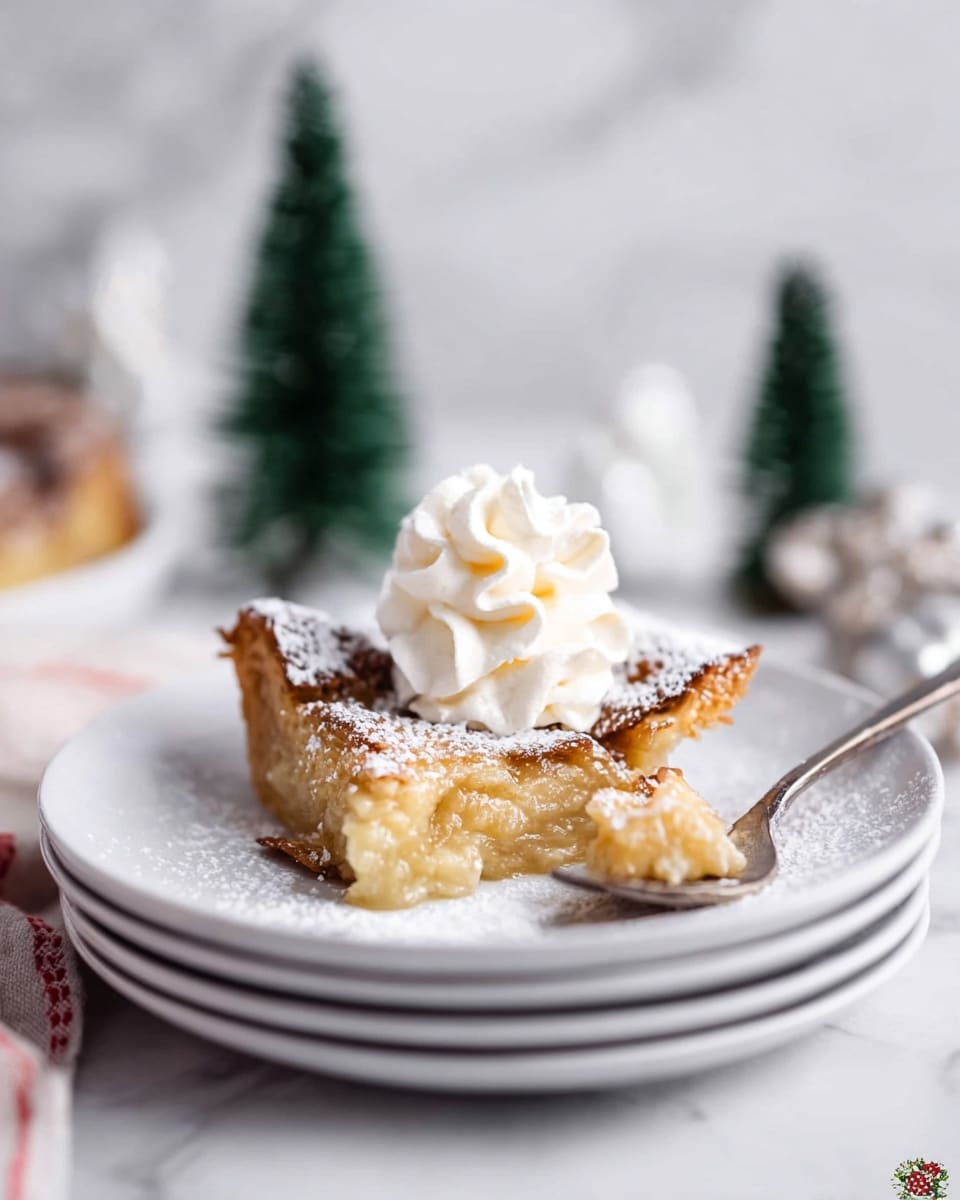 A white plate stacked on two other white plates holds a piece of golden brown oven-baked dessert dusted with powdered sugar. On top of the dessert, there is a soft swirl of white whipped cream. A silver fork rests on the right side of the plate, touching the dessert. In the background, there is a blurred white marbled surface with small green decorative trees adding a festive feel. The lighting is soft and natural, highlighting the textures of the dessert and cream. photo taken with an iphone --ar 4:5 --v 7