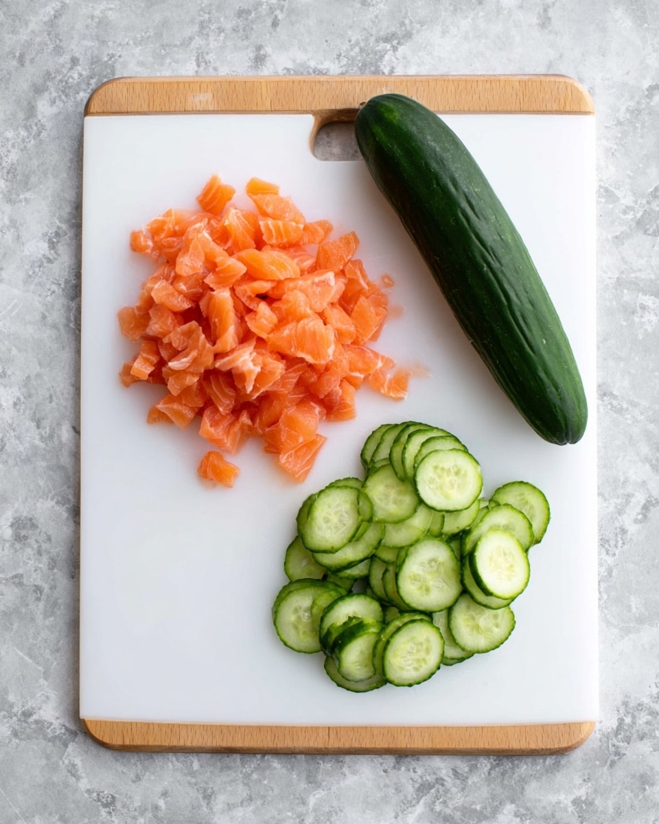 The image shows a white cutting board placed on a white marbled surface. On the left side of the board, there is a pile of small, bright orange diced salmon pieces with a smooth texture. On the right side, there is a pile of light green cucumber slices with dark green skin and visible seeds inside. Next to the cucumber slices, a whole, dark green cucumber rests on the board. The scene is simple and clean with fresh ingredients. photo taken with an iphone --ar 4:5 --v 7