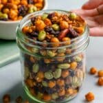 High Protein Chickpea Trail Mix with Nuts, Seeds, Dried Fruit, and Dark Chocolate Recipe
