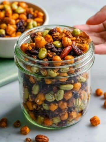 High Protein Chickpea Trail Mix with Nuts, Seeds, Dried Fruit, and Dark Chocolate Recipe