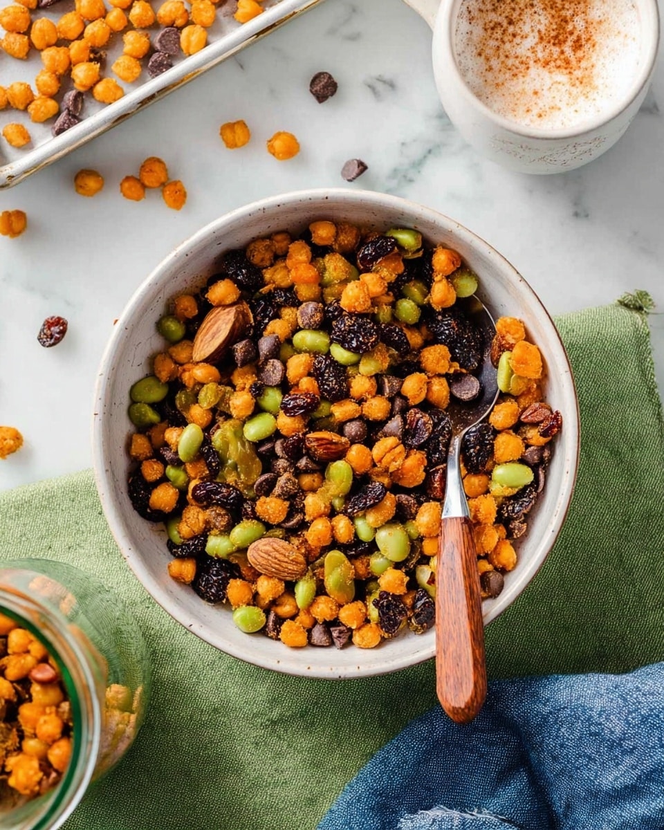 A clear glass jar filled with a colorful mix of roasted chickpeas in orange, light green broad beans, dark brown raisins, and small brown nuts. The jar sits on a white marbled surface, with a white bowl filled with the same mix blurred softly in the background and a woman's hand reaching in from the side. The mix looks crunchy and varied in texture, with a vibrant and warm color palette. Photo taken with an iphone --ar 4:5 --v 7