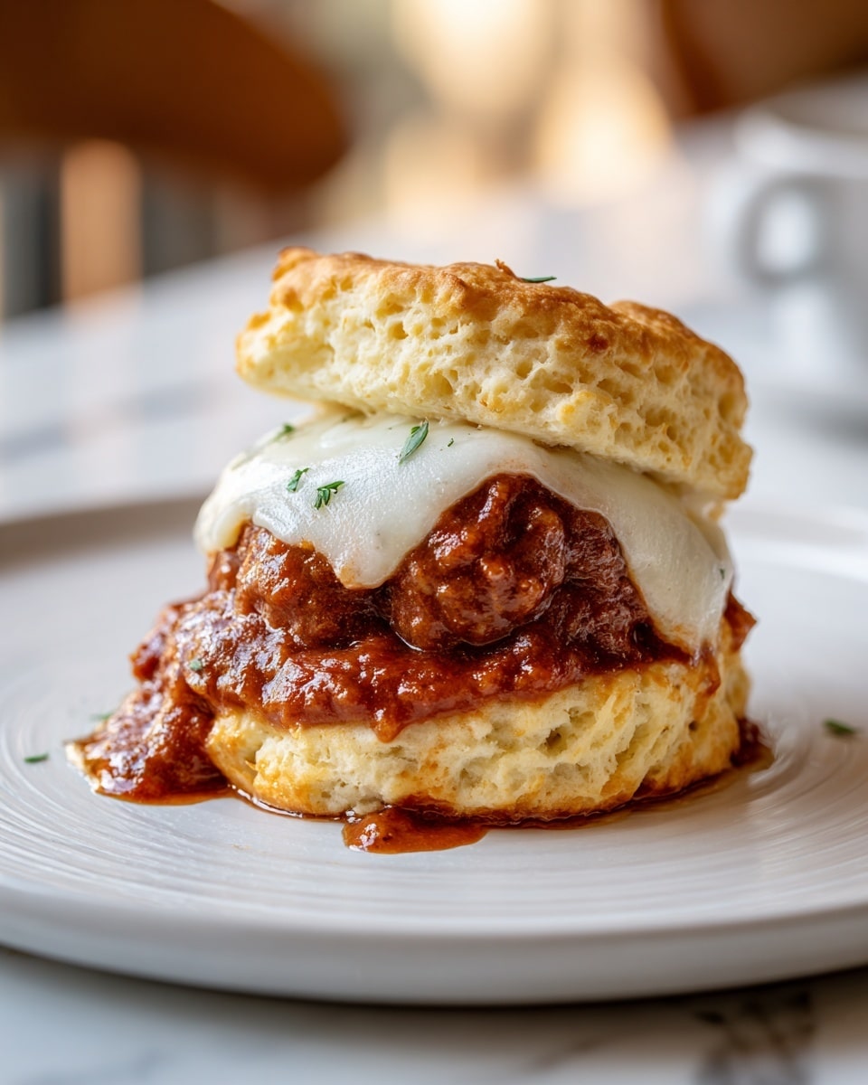 A close-up view of a small sandwich shows three layers: on the bottom is a soft, golden biscuit with a bumpy texture, in the middle is a thick, dark brown meatball covered in rich red tomato sauce, and on top is a layer of melted white cheese that drips slightly over the sides. The sandwich is open with the golden biscuit top leaning against the filling. The sandwich sits on a white plate with a smooth, slightly glossy finish, placed on a white marbled surface. The background is softly blurred, highlighting the sandwich’s warm colors and textures. photo taken with an iphone --ar 4:5 --v 7