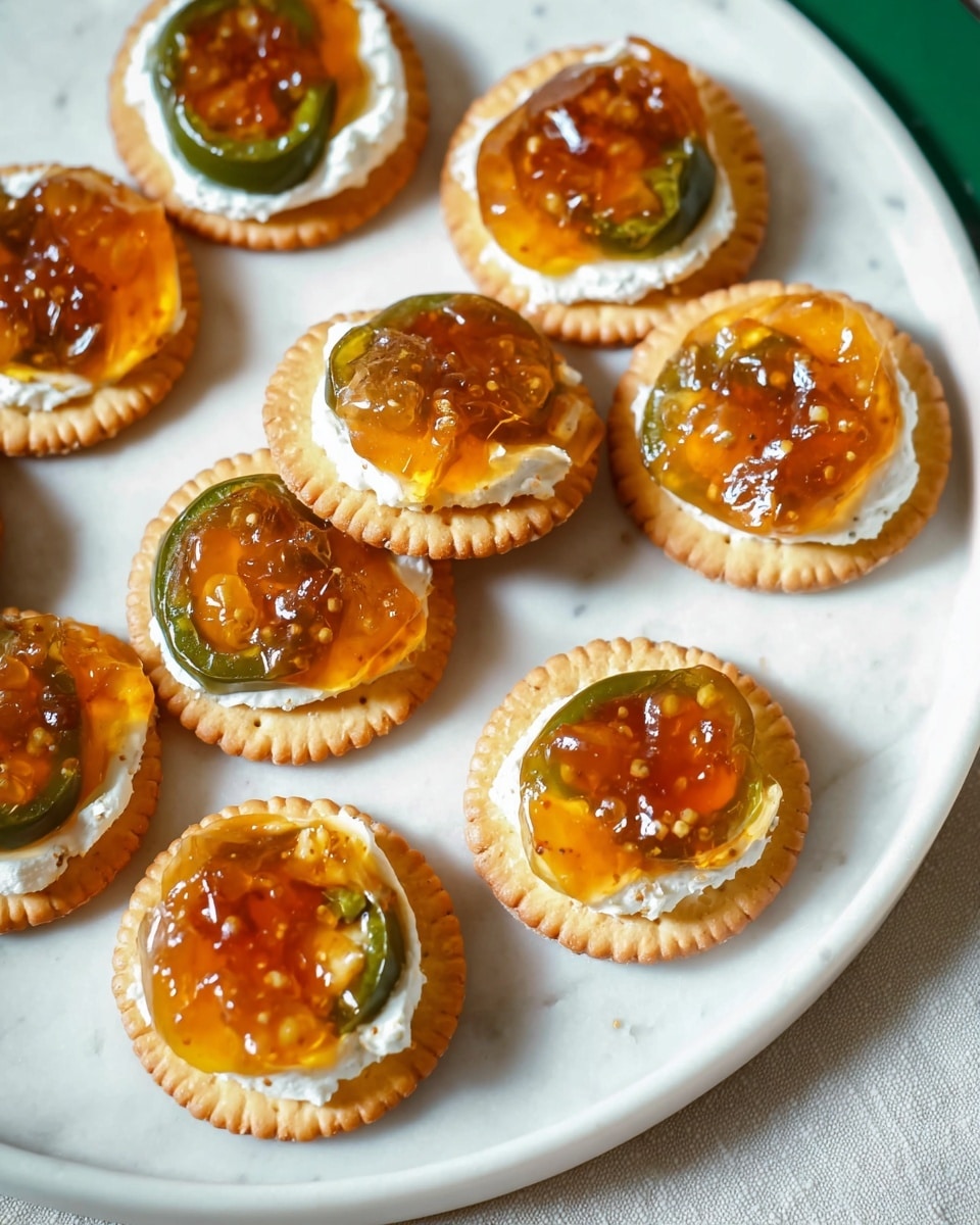 The image shows a white marbled surface with a white round plate holding round crackers. Each cracker has three layers: the bottom is a light brown cracker with a slightly ridged edge, the middle layer is soft, white cream spread evenly, and the top layer is amber-colored jelly with green jalapeño slices embedded, adding a shiny and textured effect. The jelly slightly spills over the edges, creating a glossy look. The arrangement of crackers is casual, filling the plate evenly. Photo taken with an iphone --ar 4:5 --v 7