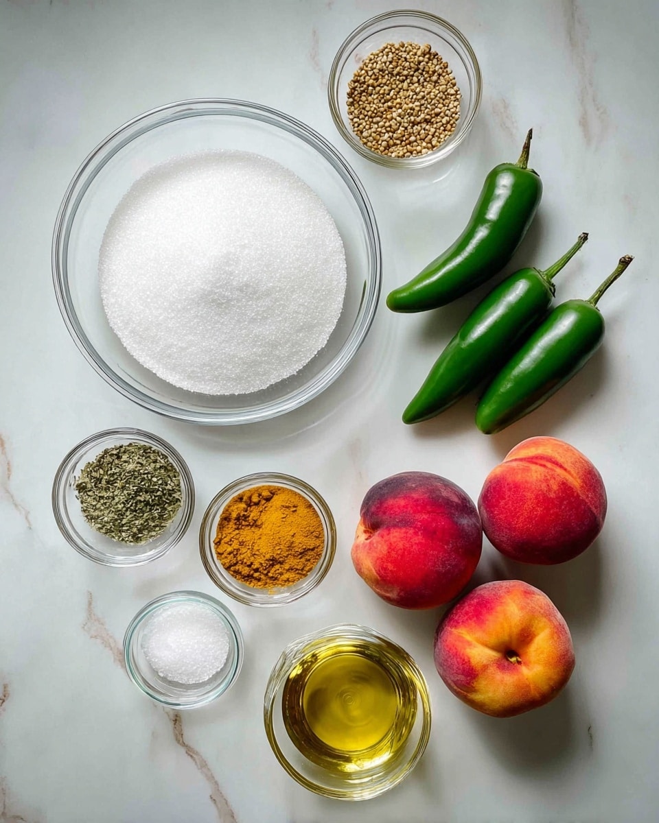 The image shows a top view of various ingredients neatly arranged on a white marbled surface. At the center is a large clear glass bowl filled with white granulated sugar. Surrounding this bowl are smaller clear glass bowls holding mustard seeds, dried herbs, salt, turmeric powder, garlic granules, and ground ginger. To the right of these bowls are two ripe red peaches and a cluster of four green jalapeño peppers. Next to the peppers is a small clear glass cup filled with a light golden liquid, likely oil or vinegar. The arrangement is clean, with excellent lighting highlighting the colors and textures of each ingredient. Photo taken with an iphone --ar 4:5 --v 7