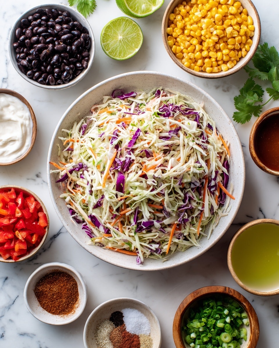 A large white bowl in the center is filled with a fresh coleslaw mix of shredded white cabbage, purple cabbage, and carrot strips, showing a mix of white, purple, and orange colors and a crunchy texture. Around it, smaller white bowls hold various colorful ingredients: bright yellow corn kernels, black beans, finely chopped red bell peppers, lime wedges, chopped green onions, and fresh green cilantro leaves. There are also small bowls with creamy white sour cream, a dark reddish-brown sauce, a pale green liquid likely lime juice, and spices in small wooden bowls including salt, a brown spice mix, and ground cumin. Everything is arranged neatly on a white marbled surface. Photo taken with an iphone --ar 4:5 --v 7