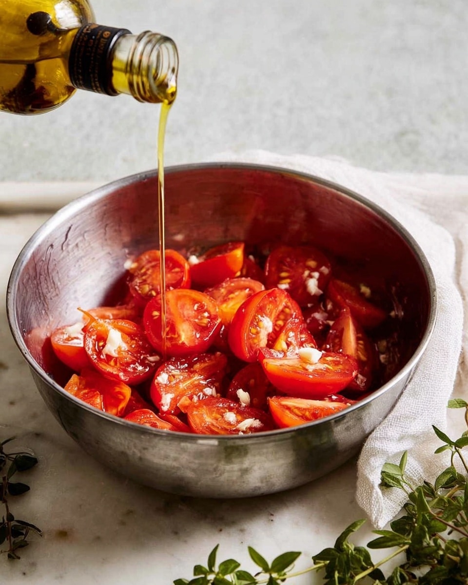 A close-up view of a white bowl filled with chunky red tomato slices, some with soft seeds and juice visible. The tomatoes are sprinkled with small bits of green herbs and tiny white salt crystals. Bright green basil leaves add color on top and around the tomato pieces. A silver fork is pressing into the center tomato slice, and a woman's hand holding the fork is partly visible. The bowl sits on a white marbled surface. photo taken with an iphone --ar 4:5 --v 7