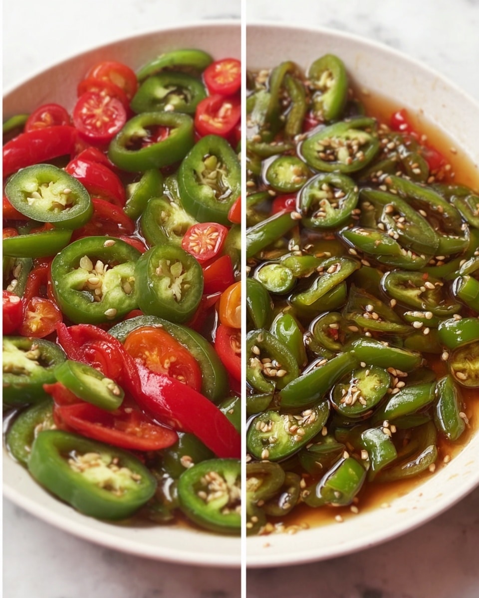 The image shows two close-up views of sliced chili peppers soaking in liquid inside a white bowl. The left side displays fresh slices of green and red peppers, arranged in a loose pile with visible seeds and smooth textures. On the right side, the same peppers appear softer and slightly darker as they soak in the clear, oily liquid, which reflects light and shows floating seeds throughout. Both sides emphasize the contrast between fresh and marinated peppers. The bowl is set on a white marbled surface. photo taken with an iphone --ar 4:5 --v 7