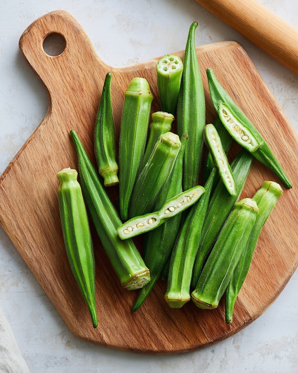 A wooden cutting board placed on a white marbled textured surface holds 19 fresh whole okras arranged with some opened lengthwise to show the white seeds inside. The okras are a fresh light green color with a firm, slightly bumpy texture. The cutting board has a round hole on its lower left corner and a warm natural wood color. Part of a rolling pin is visible at the top edge of the image. The scene is lit with natural light, highlighting the green okras' fresh and crisp look photo taken with an iphone --ar 4:5 --v 7