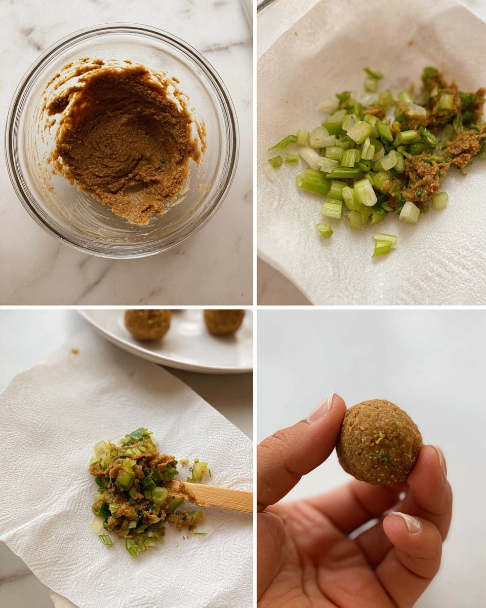 The image shows a step-by-step process of making a brown mixture with green onion pieces. The first part shows a thick, textured brown paste in a clear bowl. The second part shows chopped green onions with a mix of light green and dark green colors on a white marbled surface covered by a white paper towel. The third part shows the brown paste mixed with the green onions, making the mixture look speckled with green. The last part shows a close-up of a woman's hand holding a small round ball made from this brown-green mixture, with a wooden stick resting in the bowl in the background and a white plate with small balls blurred. Photo taken with an iphone --ar 4:5 --v 7