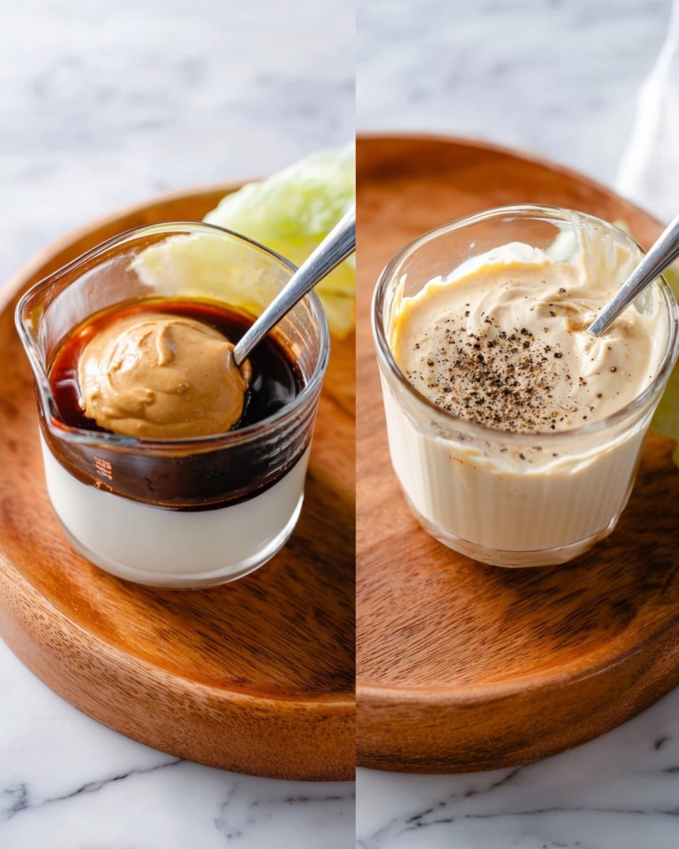 The image shows two clear glass measuring cups placed on a round wooden tray with a white marbled surface beneath. In the left cup, there are three layers: a bottom layer of creamy white yogurt, a middle layer of light brown peanut butter dollop, and a top layer of dark soy sauce, with a metal spoon sticking out from the mix. In the right cup, the ingredients are mixed into a creamy light beige sauce topped with a generous sprinkle of black pepper, and a metal spoon resting inside. Photo taken with an iphone --ar 4:5 --v 7