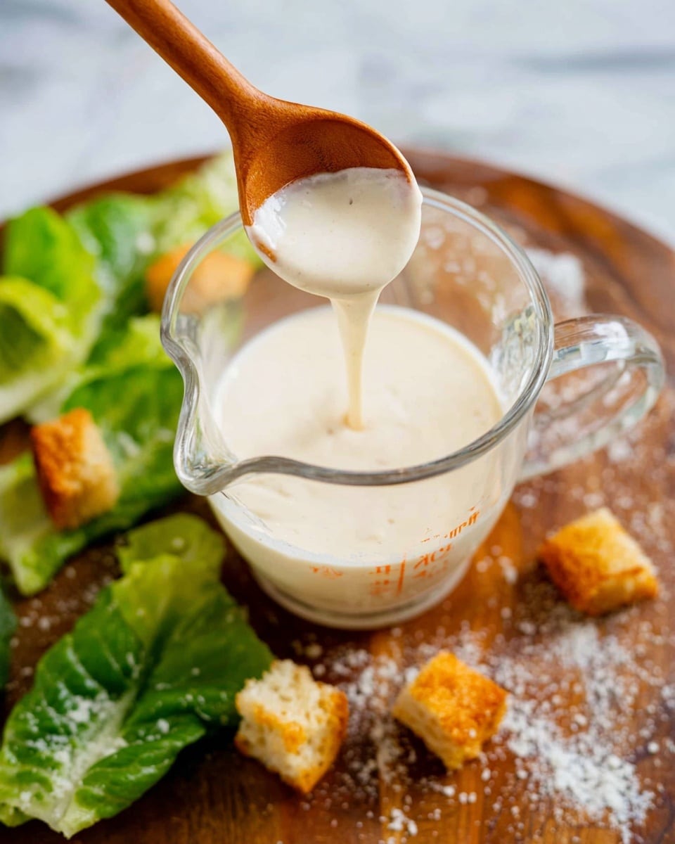 A clear glass measuring cup is filled with a creamy, off-white sauce with a thick texture, with a wooden spoon lifting some sauce above it. Around the cup, on a wooden surface, there are a few crunchy light brown croutons and some fresh, bright green lettuce leaves scattered, with a little white powder sprinkled nearby. The whole scene sits on a white marbled surface photo taken with an iphone --ar 4:5 --v 7
