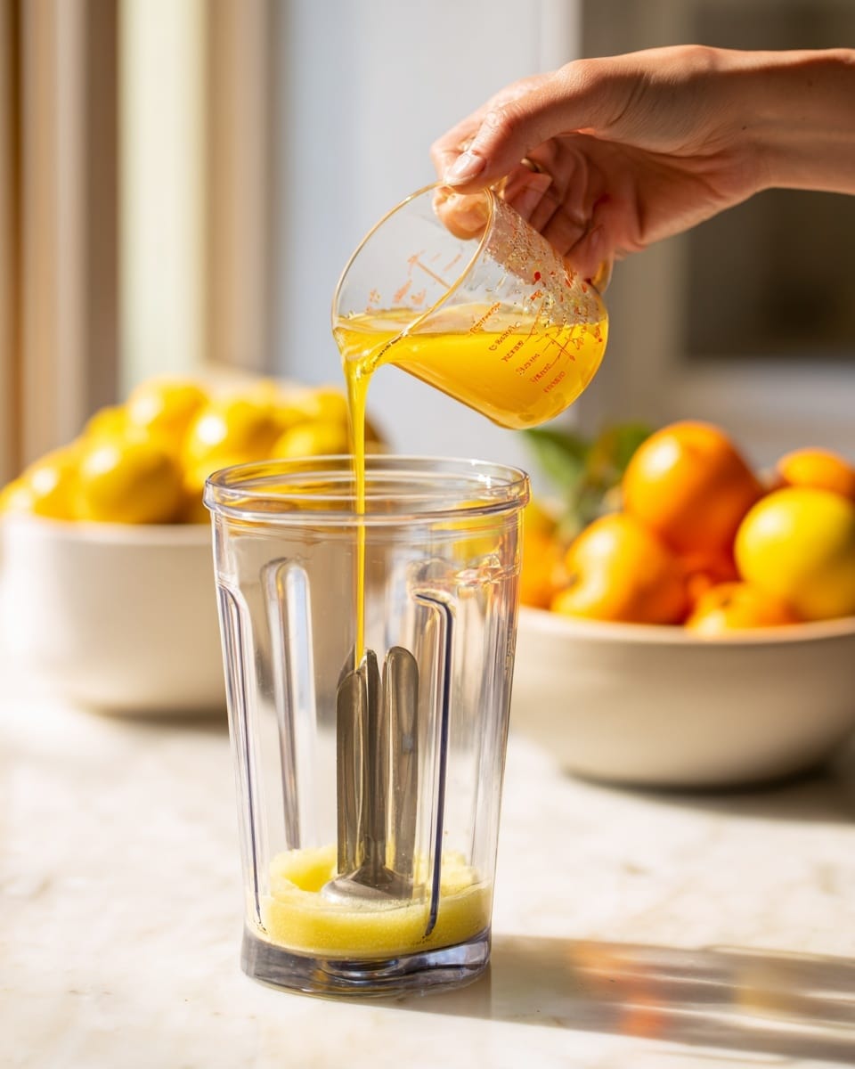 A woman's hand is pouring a stream of golden honey from a clear measuring cup into a blender container filled with a light yellow liquid. The blender has sharp metallic blades at the bottom, with the liquid swirling around them. In the blurred background on one side, there is a white bowl filled with bright yellow lemons and vibrant orange fruits, set on a white marbled surface. The lighting is soft and natural. photo taken with an iphone --ar 4:5 --v 7