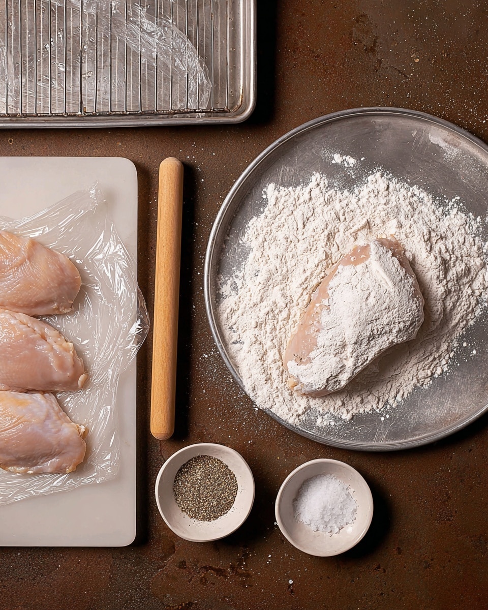 The image shows a cooking process with three main layers. On the left, there are three pieces of raw chicken on a white cutting board covered with plastic wrap, with a wooden rolling pin nearby. In the center, a single chicken piece is being coated in a thick white flour mixture on a round metal tray, the flour is powdery and covers the meat evenly. At the top, there is a metal baking tray with a wire rack holding a flour-coated chicken piece resting on white marbled texture beneath. To the right, a small white round dish is divided into two sections, one with coarse black pepper and the other with fine white salt, both sprinkled lightly around. The whole setup rests on a dark brown counter. Photo taken with an iphone --ar 4:5 --v 7