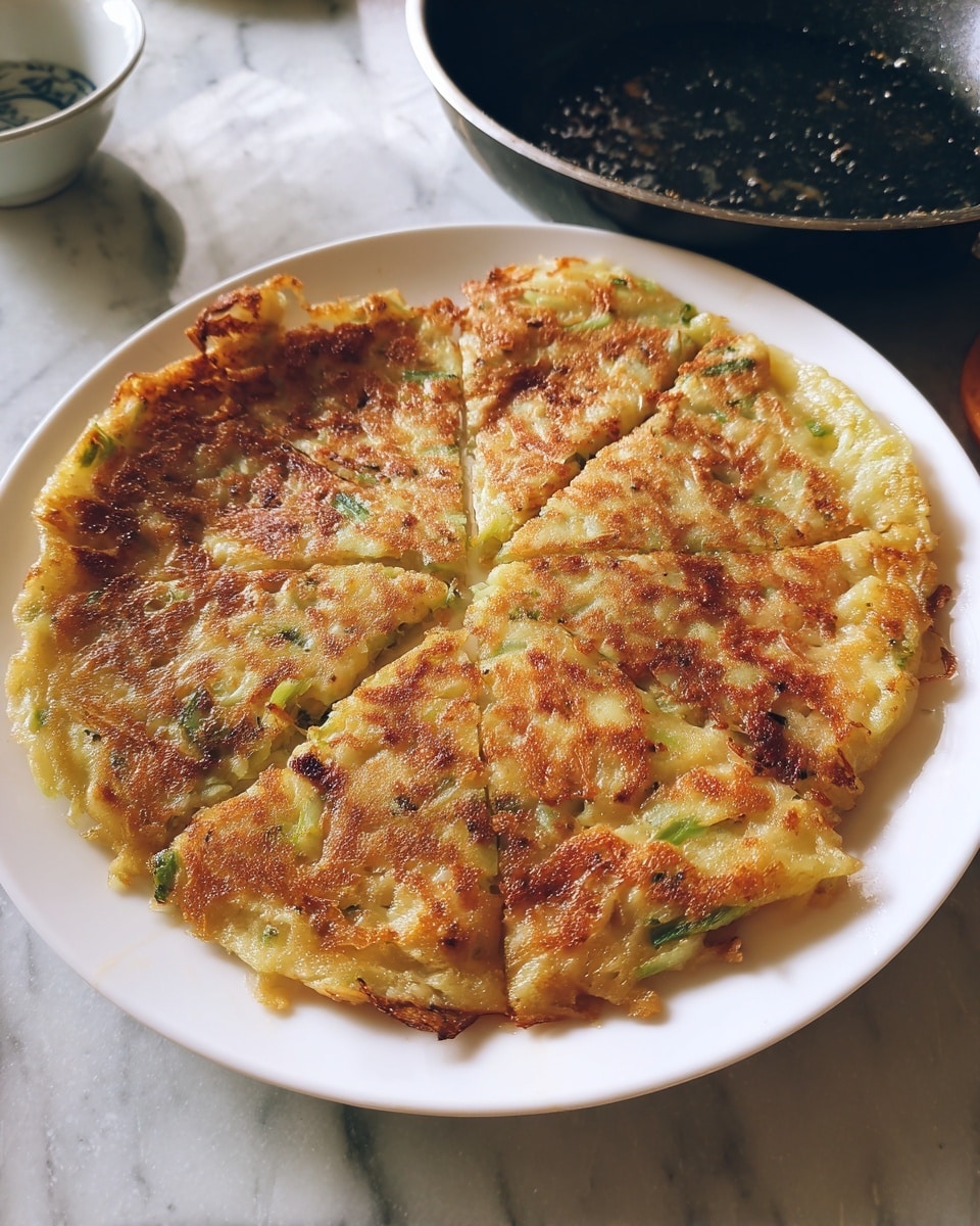 A golden-brown crispy pancake made of thin, light yellow and green strips of vegetables, spread evenly on a round white plate, showing a crunchy texture with some darker brown spots around the edges, placed on a white marbled surface with a black non-stick pan with water droplets on its surface nearby, photo taken with an iphone --ar 4:5 --v 7