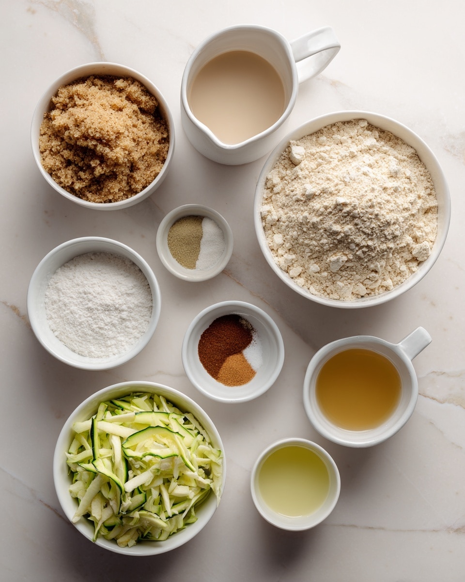 The image shows seven white dishes and one white mug arranged on a white marbled surface. In the top right, there is a large white bowl filled with light beige flour with a coarse texture. To its left, a smaller white bowl holds a mound of crumbly brown sugar. Below the brown sugar, a white bowl contains shredded zucchini, mostly light green with dark green edges. In the bottom center, there is a small white bowl with two spices, one side cinnamon brown and the other a lighter nutmeg brown. To the left of that bowl, another white bowl contains a white powder mix of baking powder and soda. To the right of the spices bowl, a white bowl holds a clear golden oil. Above this, a white mug with a light tan liquid labeled dairy-free milk is placed. Finally, next to the oil, a small white bowl with a pale yellow liquid labeled apple cider vinegar sits at the bottom right of the image. Each ingredient is clearly labeled with black text on a white background. Photo taken with an iphone --ar 4:5 --v 7