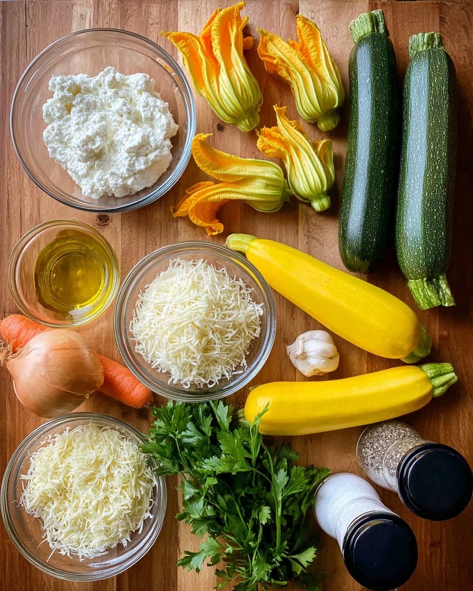 The image shows an array of fresh ingredients neatly arranged on a wooden surface. There are two bright yellow squash at the top right, next to two dark and light green zucchinis. Near the top left are several orange squash blossoms. Below them, a clear bowl is filled with white ricotta cheese. On the left side, a small glass cup holds golden yellow olive oil, with three cloves of garlic and a single shallot nearby. A fresh orange carrot lies diagonally across the middle, resting on a bunch of vibrant green parsley. Below that, another clear bowl contains shredded white mozzarella cheese, and beside it, a similar bowl holds finely grated white Parmesan cheese. To the right, there are clear salt and pepper grinders with black tops. A fresh yellow lemon adds a pop of color near the center. photo taken with an iphone --ar 4:5 --v 7