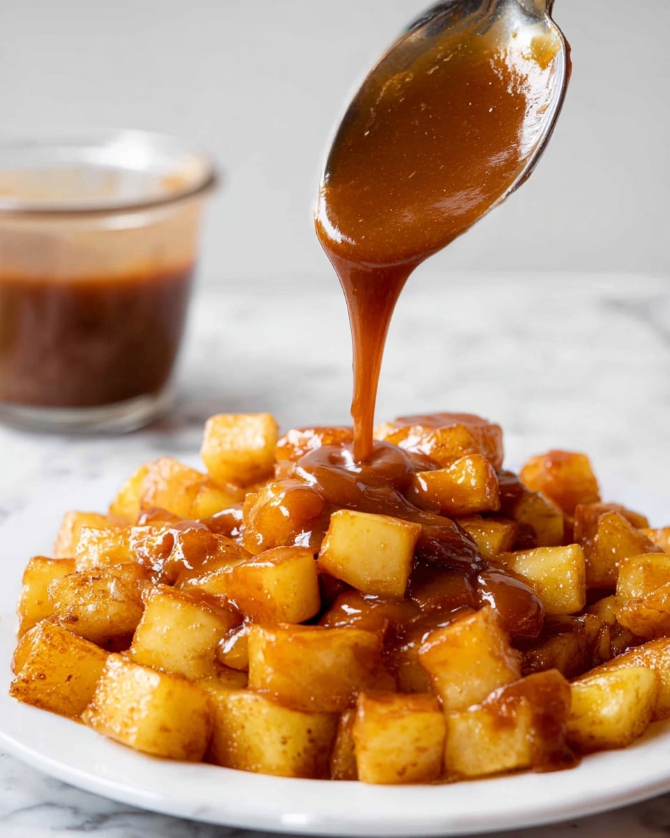 The image shows a white plate full of golden-brown cubed potatoes that look cooked and slightly crispy. A thick, glossy brown sauce is being poured over the potatoes from a silver ladle held above the plate. The sauce is smooth and shiny, dripping slowly onto the potatoes, covering their top layer. The background is white marbled, and there is a glass container with more sauce blurred out in the background. photo taken with an iphone --ar 4:5 --v 7