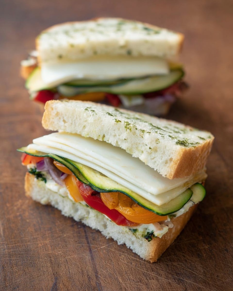 Two sandwich halves are open on a wooden table. Each sandwich has three layers of white, soft bread with green herbs on the top slice. Inside, there are thin slices of green zucchini at the bottom, followed by orange roasted peppers and small pieces of red onion. On top of these vegetables, there are three wide slices of white cheese, slightly folded, covering all the fillings. The sandwich is simple with fresh and colorful layers photo taken with an iphone --ar 4:5 --v 7