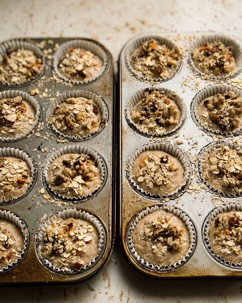 The image shows two metal muffin trays side by side, each holding twelve white paper muffin liners filled with uncooked batter. The batter is light brown and slightly rough in texture, with visible small dark specks, bits of diced pale fruit, and some orange pieces mixed in. Each muffin is topped with a mixture of light brown rolled oats and darker chunks evenly spread over the surface. The trays sit on a worn surface with some baking marks, and the overall scene takes place on a white marbled background. photo taken with an iphone --ar 4:5 --v 7