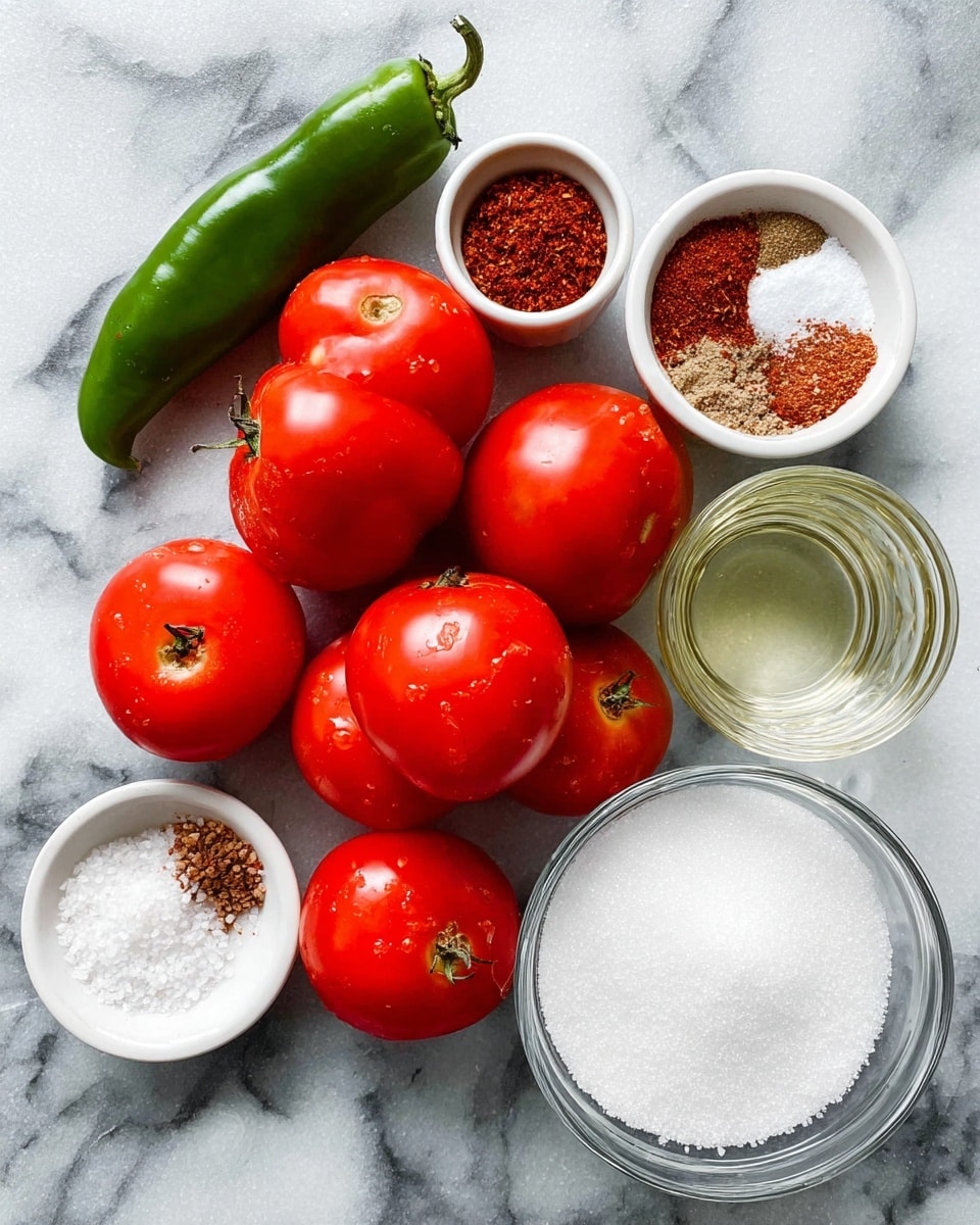 The image shows a collection of red tomatoes scattered on a white marbled surface, with one green chili placed among them. Surrounding the tomatoes are small white bowls filled with different ingredients: one bowl has a mix of brown and red spices, another contains white salt, and a third holds a clear liquid. A clear glass bowl filled with white granulated sugar is also present in the lower part of the image. The arrangement of the ingredients is casual, highlighting their vibrant colors and textures. photo taken with an iphone --ar 4:5 --v 7