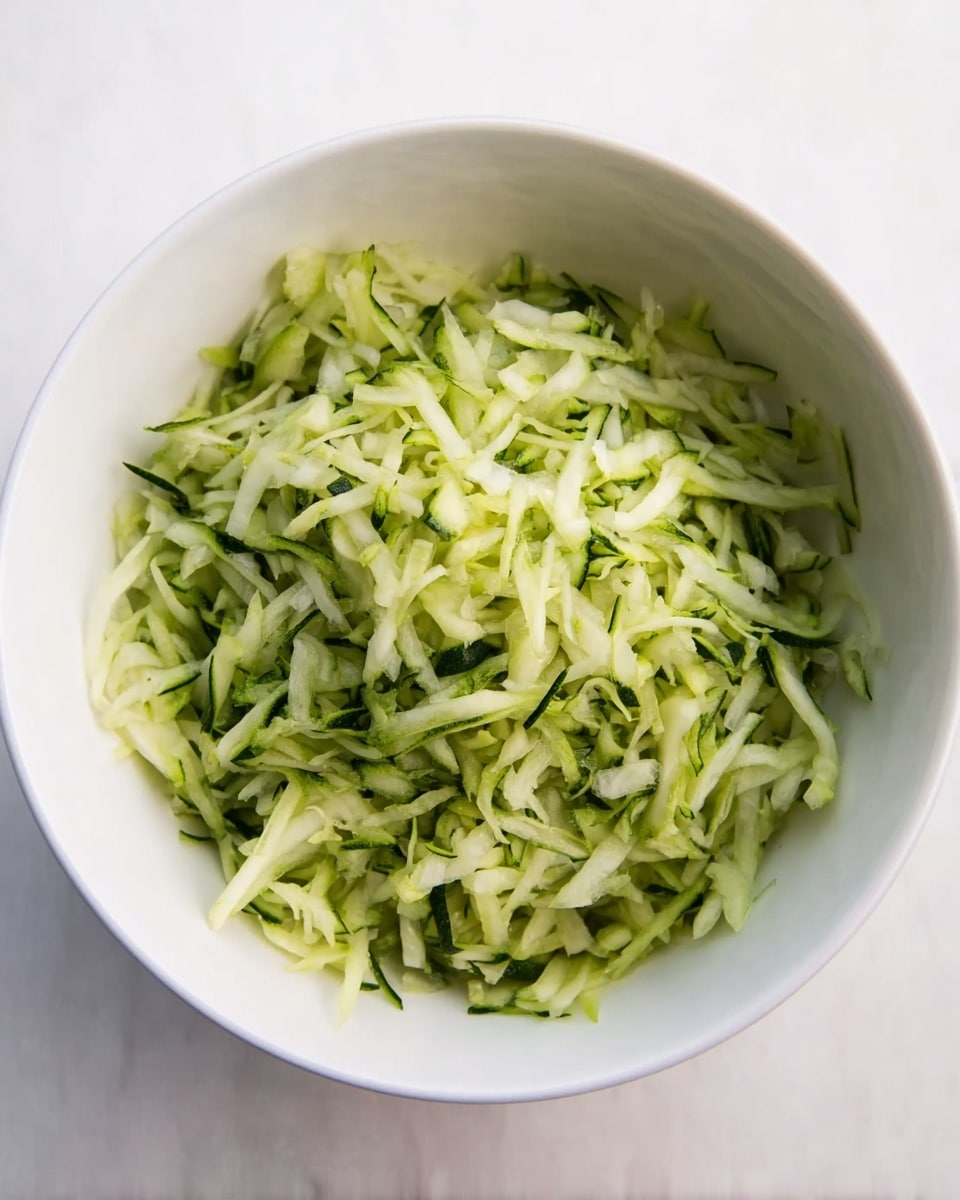 A white bowl filled with finely shredded light green zucchini, showing a mix of pale inner flesh and darker green skin strips, creating a soft and slightly uneven texture piled loosely inside the bowl, placed against a white marbled surface. photo taken with an iphone --ar 4:5 --v 7