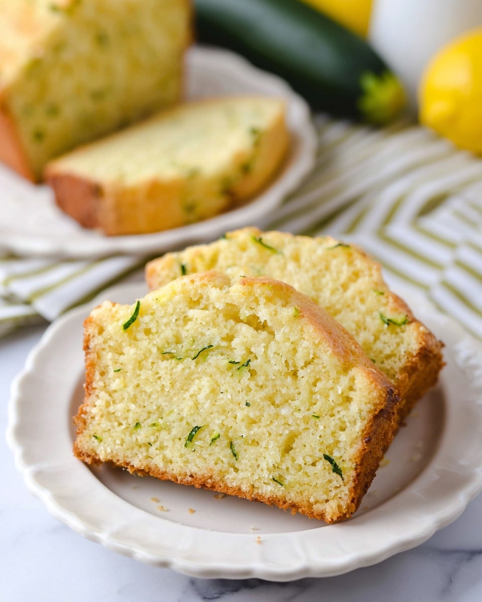 Three slices of moist, light yellow zucchini bread with small green zucchini bits are placed overlapping on a white plate with a slightly scalloped edge. The texture of the bread looks soft and fluffy with a golden-brown crust on top. In the blurred background, more of the zucchini bread rests on another white plate. The setting is on a white marbled surface with a striped cloth underneath, a lemon and two green zucchinis are slightly visible. Photo taken with an iphone --ar 4:5 --v 7