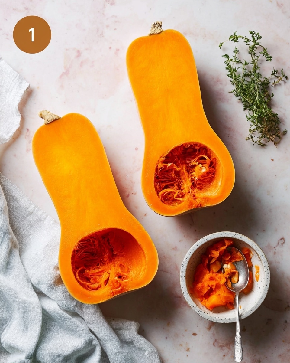 The image shows two halves of a bright orange butternut squash placed on a white marbled surface. Each half has a hollow center where the seeds and soft strands were scooped out. To the right, there is a small white bowl containing orange squash seeds and pulp, with a silver spoon resting in it. In the top right corner, a small green herb sprig is visible. A white cloth is partially seen on the left side of the image. The whole scene has a simple and clean look with soft natural light. Photo taken with an iphone --ar 4:5 --v 7