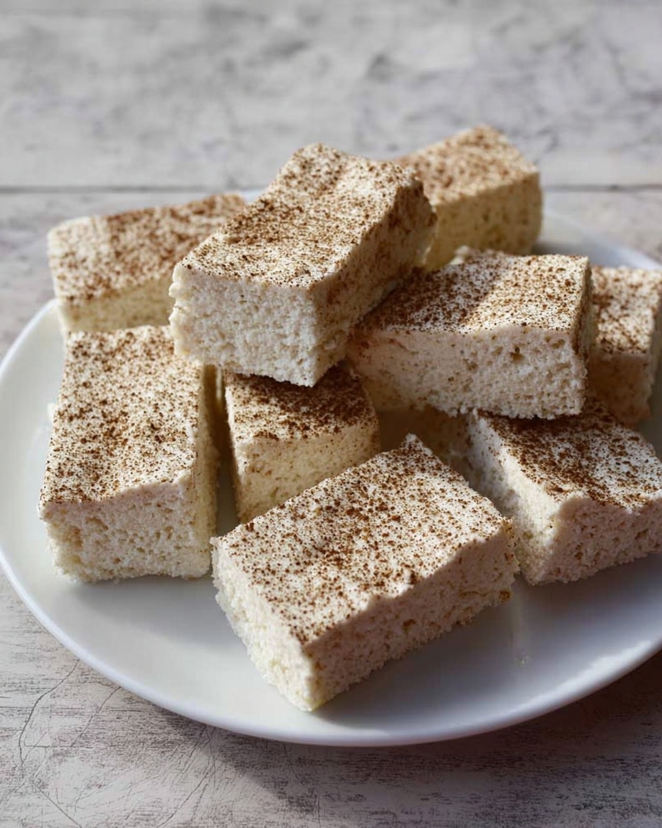 There is a white plate on a white marbled surface holding eight rectangular pieces of a soft, creamy white dessert sprinkled evenly with brown powder. The dessert pieces have a textured surface that looks fluffy and light, with the brown powder covering the top and sides in a thin layer. The pieces are arranged in a somewhat scattered but close formation, showing the thickness and spongy texture of each slice. photo taken with an iphone --ar 4:5 --v 7