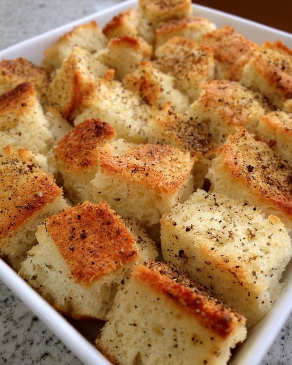 The image shows many small pieces of golden brown bread arranged closely together in a white rectangular dish. Each piece has a slightly crispy top with a light sprinkle of black pepper or seasoning, giving a speckled look. The bread texture looks soft and fluffy inside with a crust that is lightly toasted. The white marbled surface is visible around the dish. photo taken with an iphone --ar 4:5 --v 7