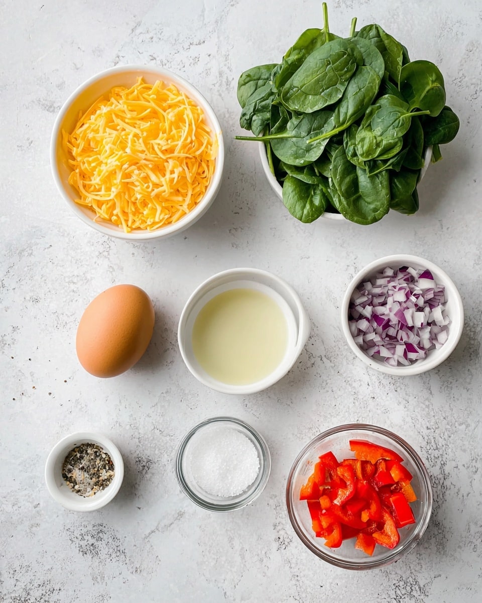 The image shows several ingredients arranged separately on a white marbled surface. On the top left, there is a white bowl filled with yellow shredded cheese, beside it on the right, fresh green spinach leaves are spread out. Below the cheese bowl, a single brown egg rests on the surface. In the center, a white bowl holds a small amount of pale yellow liquid, likely egg whites. Scattered around the center bowl are small white containers, one with coarse salt, another with black pepper, a clear glass bowl with small diced purple onions, and a white bowl with finely chopped red bell peppers. The arrangement is neat and evenly spaced, showing fresh and colorful ingredients. photo taken with an iphone --ar 4:5 --v 7