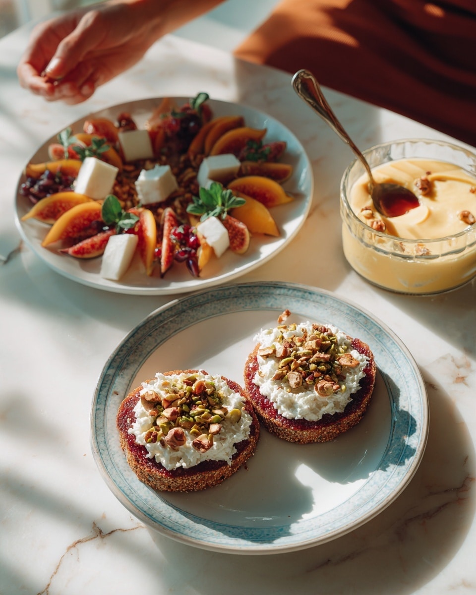 The image shows two small round toasts placed side by side on a white plate with a blue edge. Each toast has a base layer of red spread, topped with a thick white crumbly cheese layer, and sprinkled with chopped green nuts and brown bits on top. Behind them, there is a larger white plate with colorful slices of red and yellow fruit arranged in a circle, small white cheese pieces, and fresh green leaves, all drizzled with dark syrup. To the right, there is a clear glass baking dish filled with a creamy yellow dessert made in layers, with one piece missing. A woman's hand is reaching towards the fruit plate with a silver spoon resting on it. The setting is on a white marbled surface with soft sunlight. Photo taken with an iphone --ar 4:5 --v 7