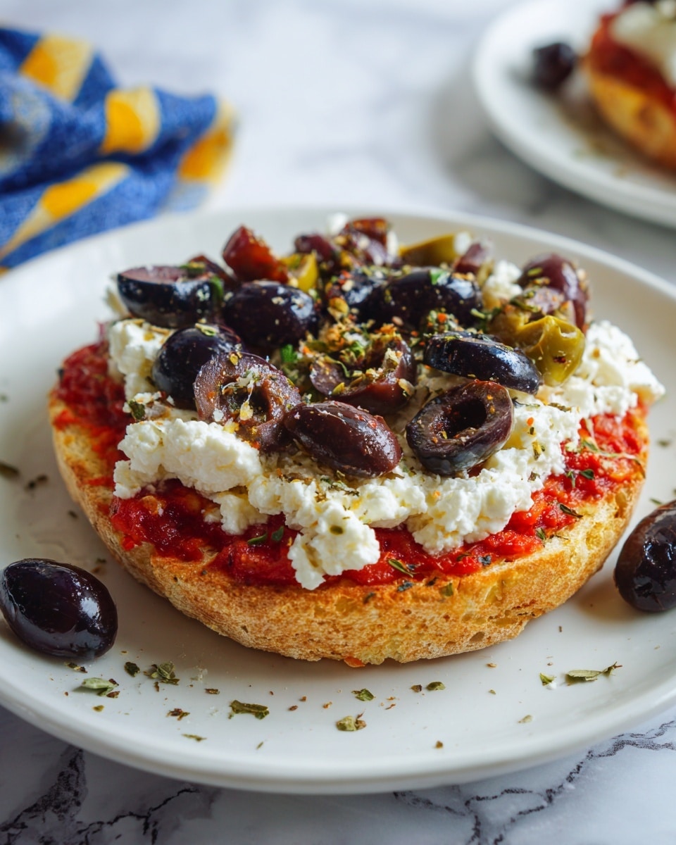 The image shows a toasted round bread base with a rough texture, topped with a layer of bright red crushed tomatoes spread evenly. On top of the tomatoes is a thick layer of white soft cheese that looks crumbly. The cheese is covered with a mixture of chopped green and dark purple olives that add a varied color and chunky texture. The toast is on a white plate with a few pieces of olives and cheese scattered around. The background is a white marbled surface with a part of a blue and yellow cloth visible in the corner. Photo taken with an iphone --ar 4:5 --v 7