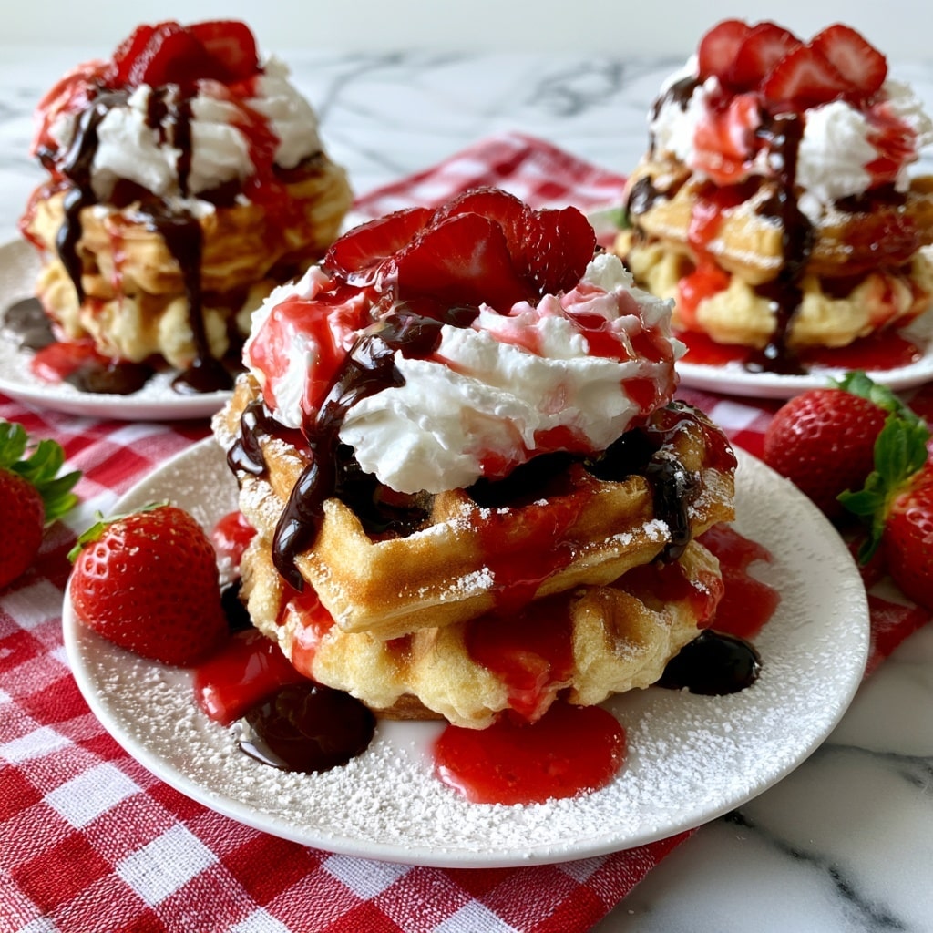 A white plate holds three golden brown funnel cakes stacked side by side, each topped with a thick layer of white whipped cream. Bright red strawberry slices are arranged over the whipped cream, with dark chocolate syrup drizzled over the top in a zigzag pattern along with light red strawberry syrup. Powdered sugar dusts the funnel cake surface lightly, adding a soft white detail. In the background, whole red strawberries rest on a wooden board over a red and white checkered cloth, all set on a white marbled surface. Photo taken with an iphone --ar 4:5 --v 7