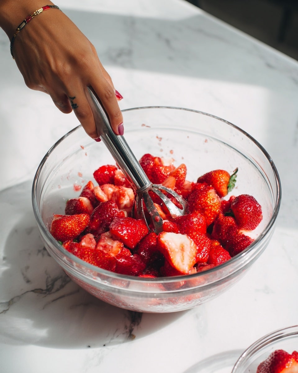 A clear glass bowl sits on a white marbled surface, filled with bright red strawberries, some whole and some crushed, showing a mix of smooth and mushy textures. A woman's hand with a tattoo on her wrist and painted nails is using a metal masher with a black handle to crush the strawberries inside the bowl. Nearby, on the same white marbled surface, there is another clear glass bowl with whole and halved strawberries. The light shines softly, highlighting the shiny, wet surfaces of the fruit and the clear glass. photo taken with an iphone --ar 4:5 --v 7