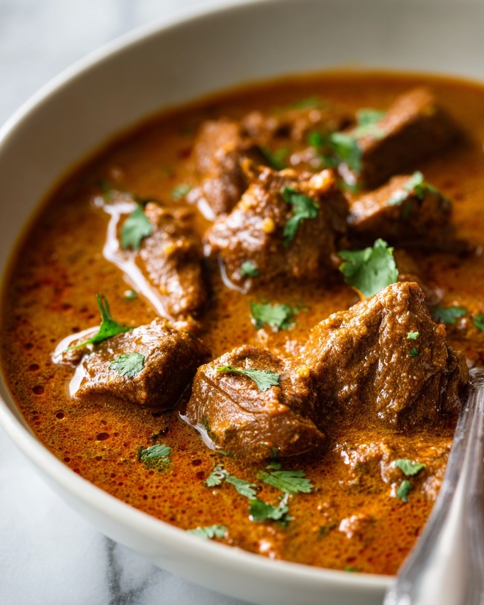 The image shows a close-up of a rich brown curry with several chunks of tender meat floating in a thick and smooth sauce. Small green cilantro leaves are scattered gently over the curry, adding a fresh touch of color. The texture of the sauce is creamy and glossy, with some oil droplets reflecting the light. There is a silver spoon partially visible on the right side, slightly dipped into the sauce. The background is a white marbled surface. photo taken with an iphone --ar 4:5 --v 7