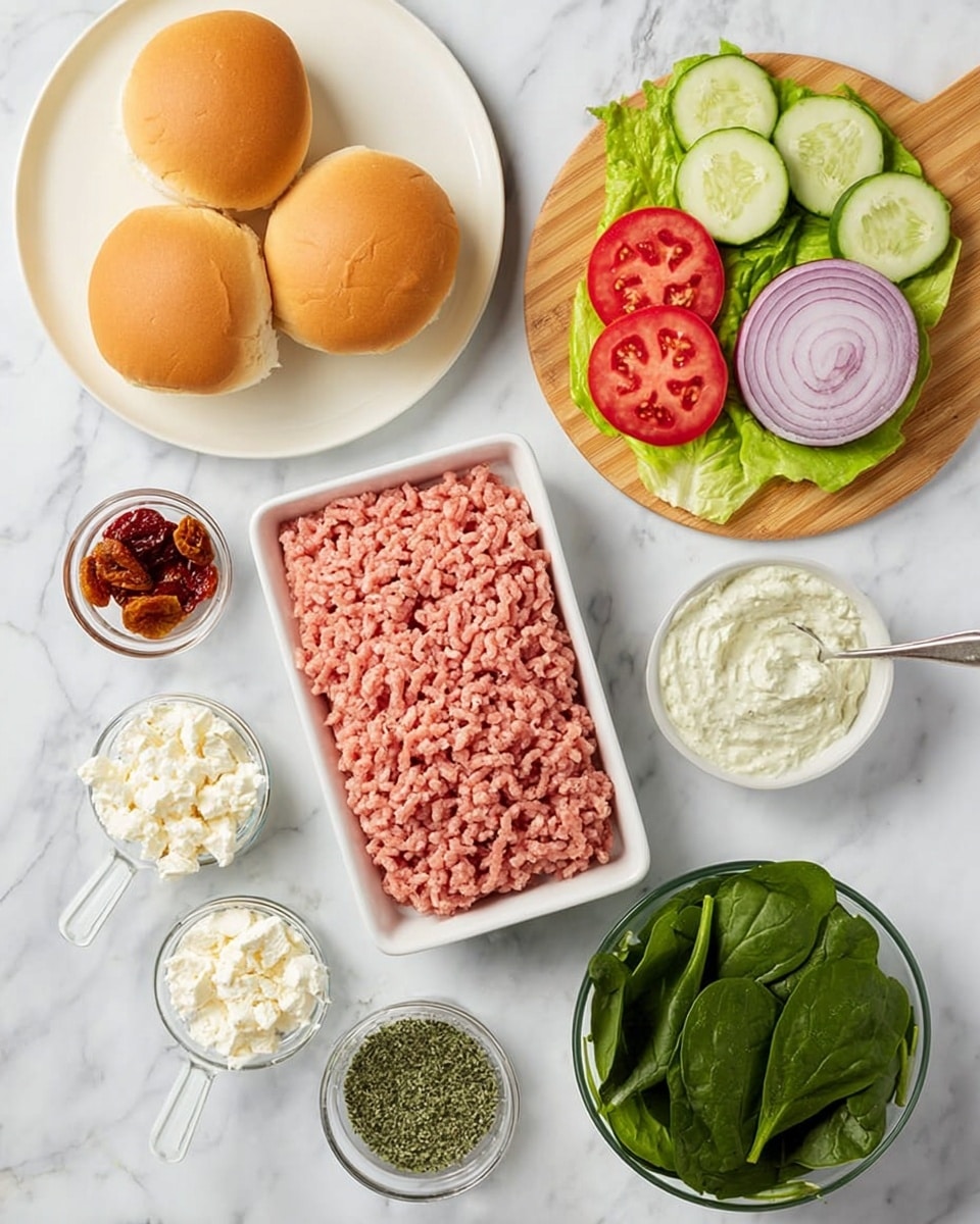The image shows ingredients for making burgers arranged on a white marbled surface. There are four soft golden brown buns placed on a white plate on the left side. In the center, there is a rectangular white tray holding raw pink ground turkey. On the upper right, a round wooden board holds green lettuce leaves, thin slices of cucumber, round red tomato slices, and a thick purple onion slice. Below the tray of turkey, there are small white measuring cups filled with crumbled white cheese, sun-dried tomatoes, and a small bowl of creamy white sauce with green herbs on top. To the right of the sauce, there is a small clear bowl filled with green dried herbs. Finally, a white bowl filled with fresh green spinach is placed on the bottom right. The photo taken with an iphone --ar 4:5 --v 7