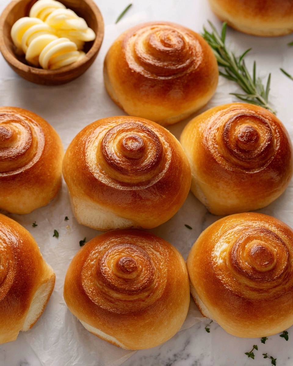 Several golden brown spiral dinner rolls with a shiny, smooth crust are spread out on a white marbled surface. Each roll has a visible swirl pattern on top, showing layered dough spiraled inward. In the upper left corner, there is a small wooden bowl filled with curled sticks of pale yellow butter. A small sprig of green rosemary lies beside the rolls, adding a touch of color and freshness. The rolls have a soft, light texture visible at the base with a rich, darker brown on the top swirl. Photo taken with an iphone --ar 4:5 --v 7
