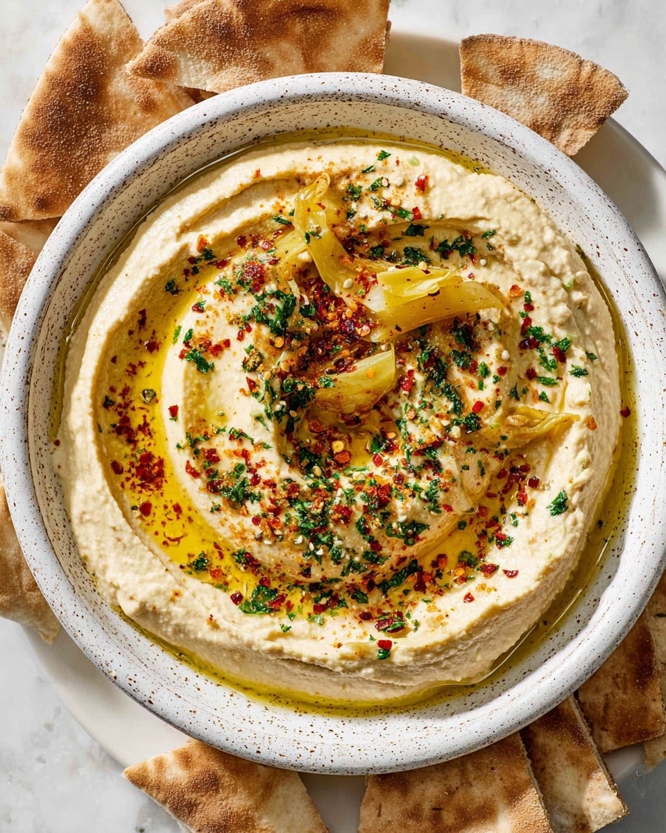 A round white speckled bowl holds a creamy light beige hummus base topped with a swirl of golden olive oil. On top, there are thin slices of sautéed garlic and cooked yellow bell pepper pieces, scattered with red chili flakes and finely chopped fresh green parsley. The hummus is thick and smooth, with the toppings creating a colorful contrast. Around the bowl, there are triangles of toasted pita bread leaning against the edges, all sitting on a white marbled surface. Photo taken with an iphone --ar 4:5 --v 7