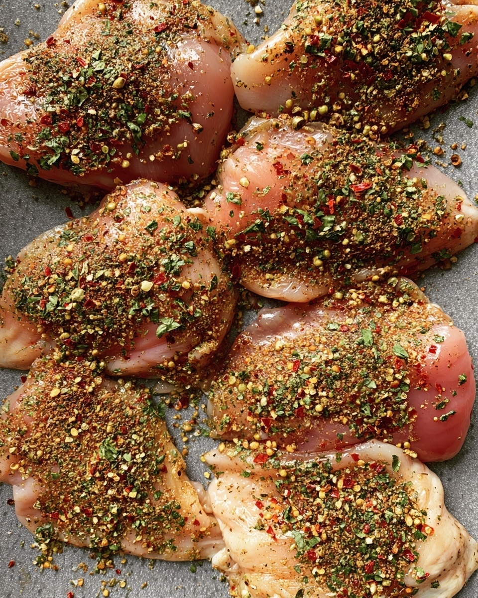 The image shows seven raw chicken pieces arranged close together on a gray flat surface, each piece covered with a coarse layer of mixed dried herbs and spices, including green flakes and red chili flakes, creating a textured and colorful topping over the light pink flesh. The chicken pieces vary in shape and size, all glossy with moisture, and the spices are scattered unevenly, giving a rustic, seasoned look. photo taken with an iphone --ar 4:5 --v 7