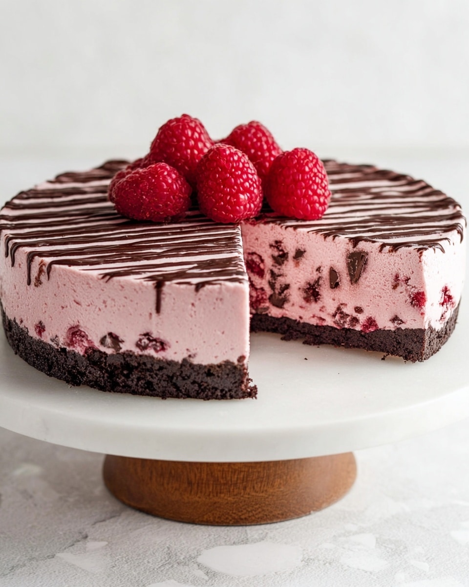 A round cake with two main layers sits on a white plate over a white marbled surface. The bottom layer is dark brown and looks like chocolate, while the top layer is thick and pink with a smooth, slightly textured surface. Thin, dark chocolate lines are drizzled in a random pattern all over the pink layer and some spill onto the plate. A cluster of fresh red raspberries is placed near the center of the cake. One slice is cut and slightly pulled out to show the clear layers inside. Photo taken with an iphone --ar 4:5 --v 7